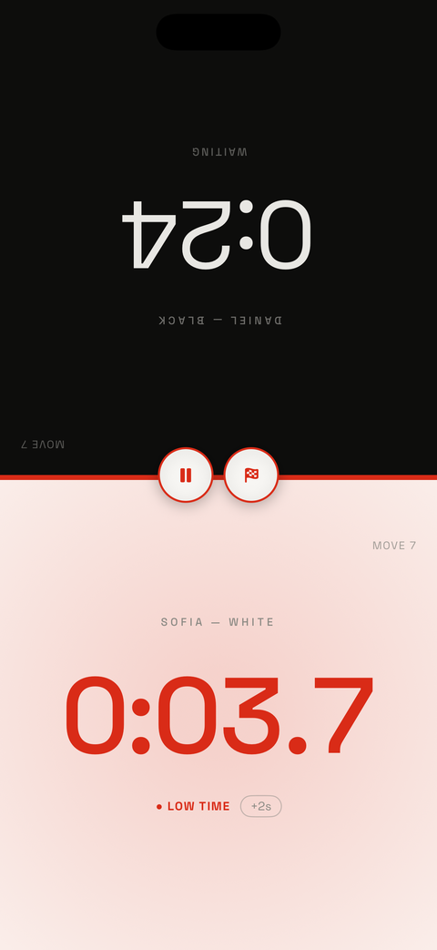 Low-time warning — red digits and a warm glow under twenty seconds