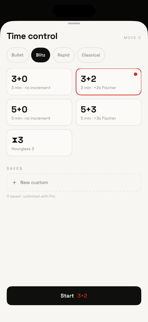Time control picker: bullet, blitz, rapid and classical presets